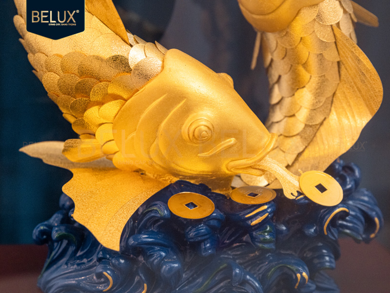 Tượng Đôi Cá Chép dát vàng 24k 28x17x36cm